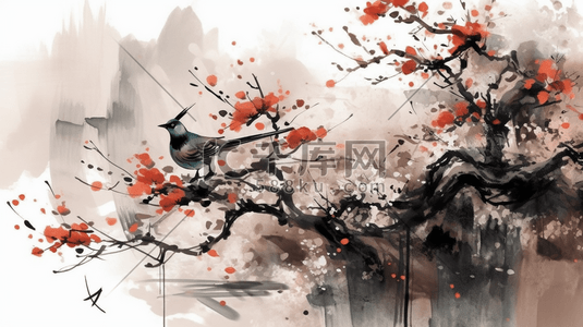 中国传统风格水墨画花枝
