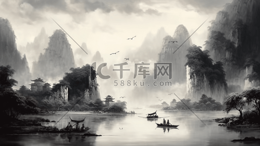 中国风大气彩墨山水画
