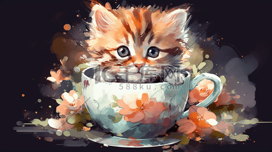 猫咪茶杯插画图片_水彩风可爱的萌宠茶杯小猫