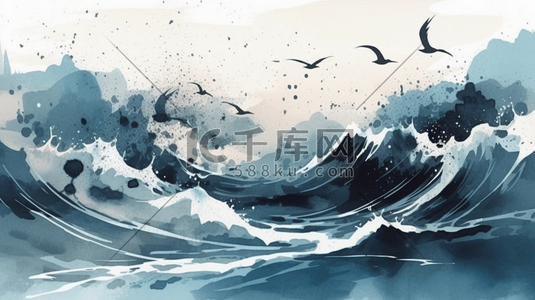 浪涛插画图片_水彩风大海海浪波浪