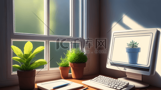 鼠标光标插画图片_阳光透过窗户进入房间桌上