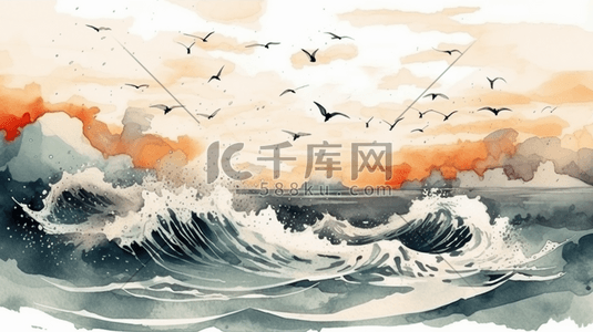 水彩风插画图片_水彩风大海海浪波浪