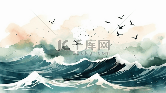 波浪线斜线插画图片_水彩风大海海浪波浪