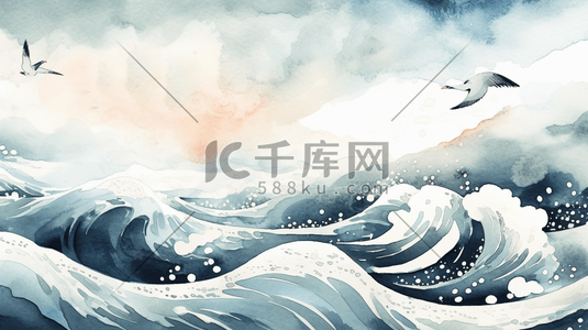 大海波浪海鸥插画图片_水彩风大海海浪波浪