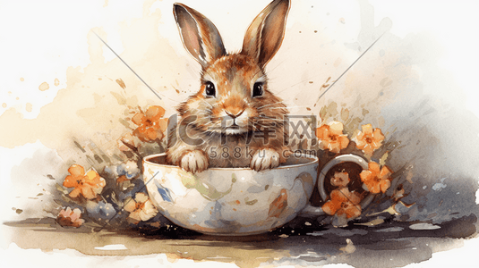 萌萌的兔子插画图片_可爱的萌宠茶杯小兔子