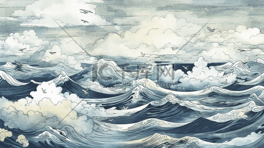 波浪海浪插画图片_水彩风大海海浪波浪