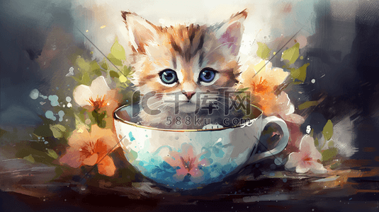 猫咪茶杯插画图片_水彩风可爱的萌宠茶杯小猫