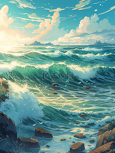 粉红海浪插画图片_海浪夏日中国风国潮