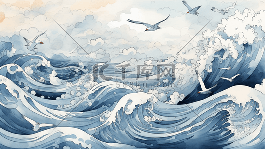 水彩风大海海浪波浪
