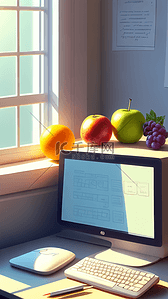 桌子电脑插画图片_阳光透进房间内桌子