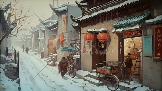 雪天步行插画图片_民国雪天老街巷子插画