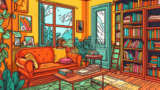 客厅房间插画图片_插画扁平风鲜艳颜色的客厅