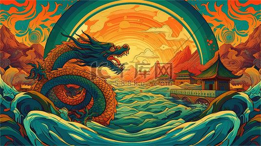 复古山海经中国龙手绘插画