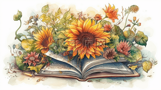 翻开的书插画图片_手绘翻开的书和向日葵
