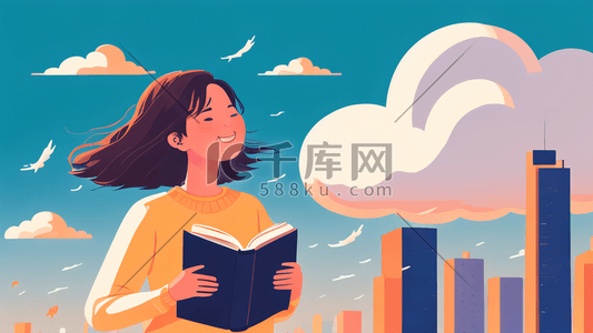 市背景插画图片_扁平风女孩云朵书城市背景