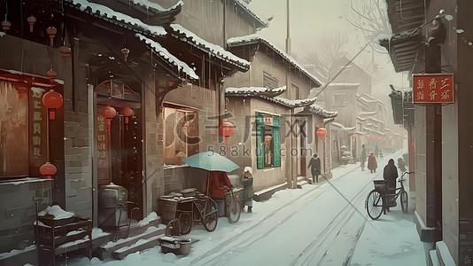 雪天跌倒插画图片_民国雪天老街巷子