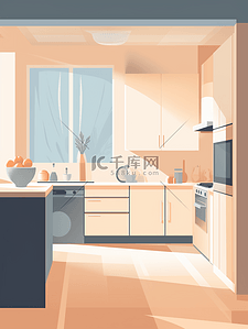 厨房橱柜设计插画图片_手绘扁平插画简约厨房