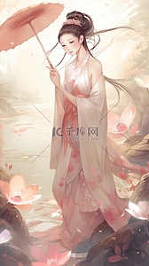 打伞的美女插画图片_中国风清新古装仕女美女