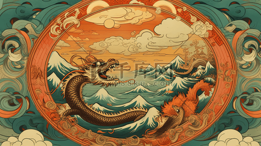 手绘山海经插画图片_复古山海经中国龙手绘插画