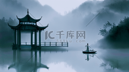 山水画背景插画图片_中国风山水画湖面古亭