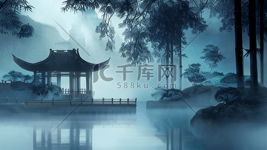 古龙香水背景插画图片_中国风山水画湖面古亭