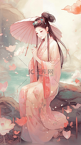 打伞的美女插画图片_中国风清新古装仕女美女