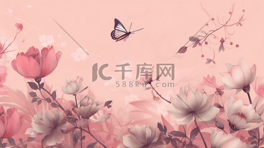 粉色花朵边框插画图片_母亲节粉色花卉蝴蝶手绘背景