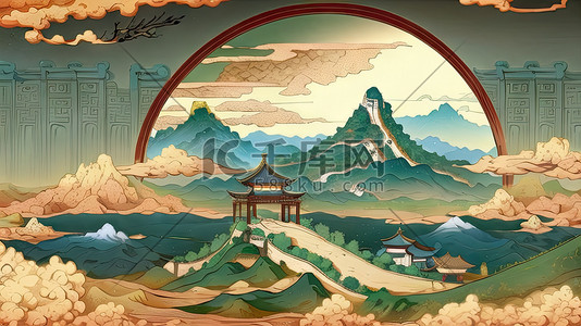 中国风敦煌插画图片_中国风敦煌山水长城插画