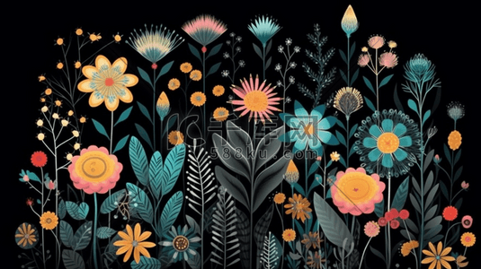 小花花卉插画图片_几何复古色彩缤纷的小花朵