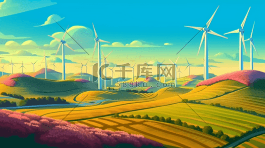 燃气发电厂插画图片_新能源风力发电风车