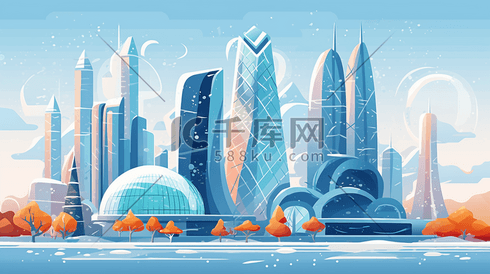 哈尔滨冰雪大世界扁平风插画城市地标建筑