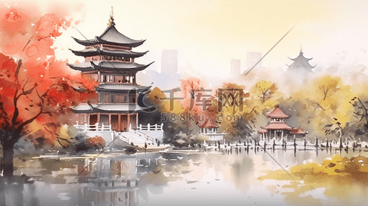 水彩风插画图片_水彩风黄鹤楼古代建筑风景插画