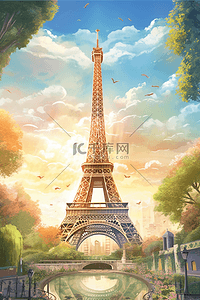 巴黎铁塔标志插画图片_卡通动漫漫画现代建筑铁塔