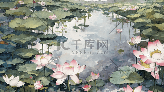 中秋中秋节唯美荷花池塘兔子手绘古风景色中秋浪漫中国风工笔风唯美