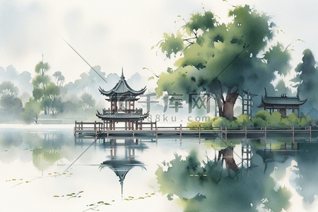 杭州钱江新城插画图片_杭州西湖风景水彩凉亭流水树木远景