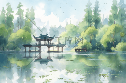 杭州西湖风景水彩凉亭流水树木远景