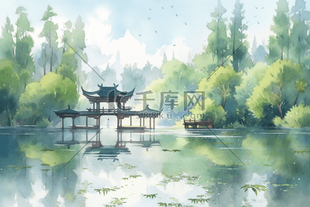 杭州西湖插画图片_杭州西湖风景水彩凉亭流水树木远景