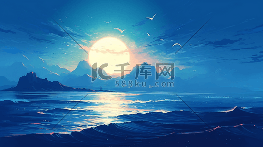 底纹水彩蓝色插画图片_夏季蓝色天空海洋海浪