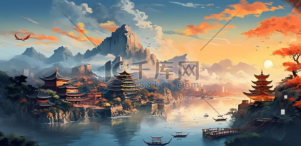 中国山水图水墨矢量风格插画