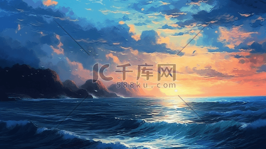 黑色风动板插画图片_夏季蓝色天空海洋海浪