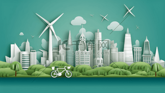 文明健康绿色环保插画图片_剪纸风格新能源绿色健康城市
