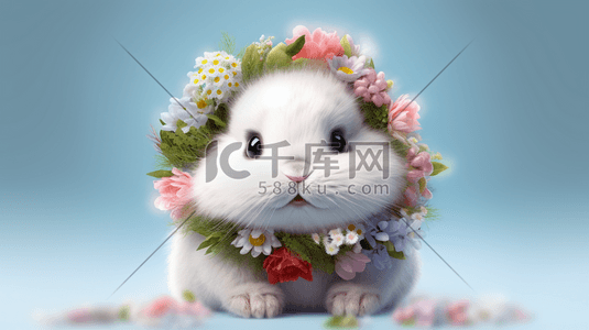 一只卡通可爱的3D毛绒兔子形象戴着花环