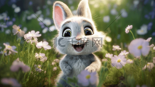 草地上有一只卡通可爱的3D毛绒兔子形象