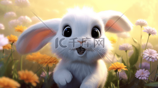 兔子卡通3d插画图片_一只卡通可爱的3D毛绒兔子形象在花丛中