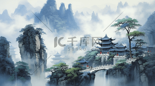 风景国画插画图片_国风中国风山水风景插画