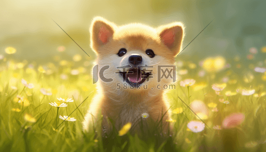 花丛里有一只卡通可爱的柴犬狗