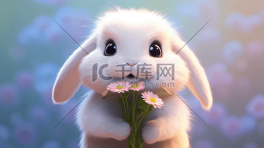 一只卡通可爱的3D毛绒兔子形象拿着花束