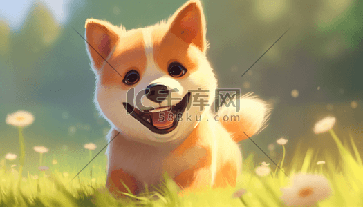 狗插画图片_花丛里有一只卡通可爱的柴犬狗