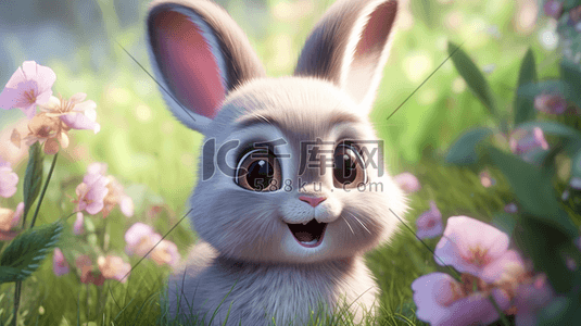 一只卡通可爱的3D毛绒兔子形象