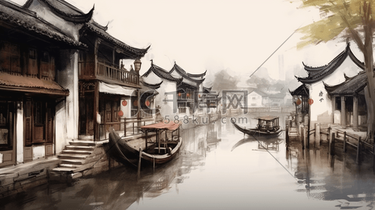 融化的河水插画图片_江南古镇水乡小桥流水船舶